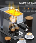 Level Up Your Home Barista Game With This Compact Stainless Steel Espresso Machine Packing A Mighty 20 Bar Pump And Smart Steam Frother For Silky Lattes And Smooth Daily Sips Anytime, featuring coffee cups and digital temperature display.
