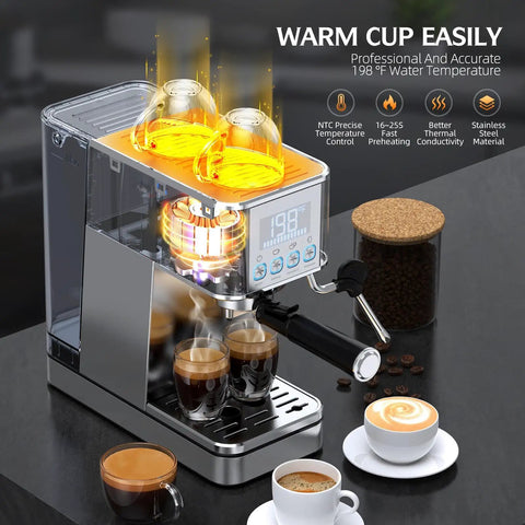 Level Up Your Home Barista Game With This Compact Stainless Steel Espresso Machine Packing A Mighty 20 Bar Pump And Smart Steam Frother For Silky Lattes And Smooth Daily Sips Anytime, featuring coffee cups and digital temperature display.