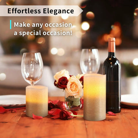 LED Flameless Candles Three Pack With Remote Control And Timer Gold Beaded Glitter Finish for elegant table setting with wine.
