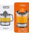 Elite Gourmet Citrus Juicer 1.2 L Capacity Black And Stainless Steel Electric Orange Lemon Squeezer With Dual Cones, showing 3 and 5 cup pitchers.