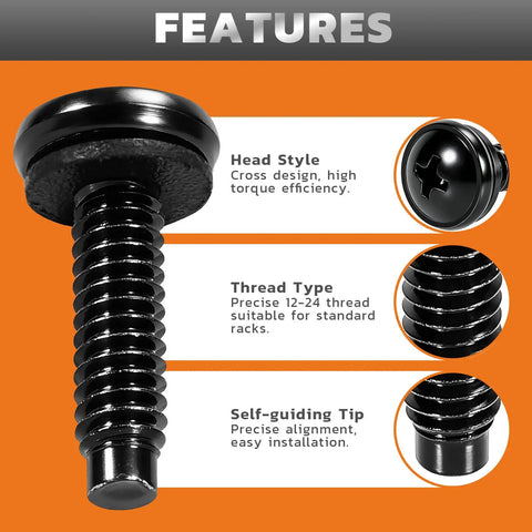 Close-up of 12 24 Rack Screws With Nylon Washers showing cross head style, thread type for racks, and self-guiding tip.