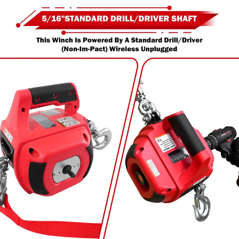 Portable Drill Winch 1500 Pound Capacity With 40 Foot Steel Cable And 360 Degree Swivel Hook No Install Needed attached to drill