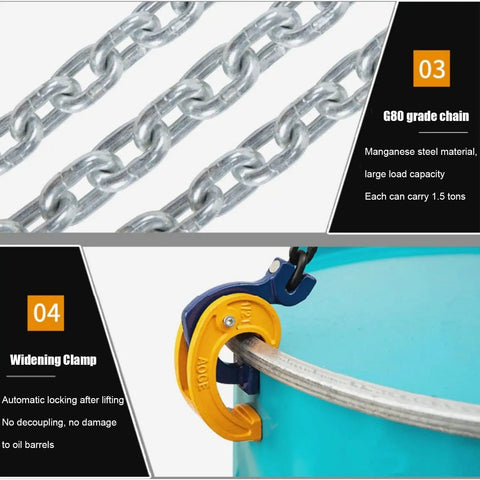 G80 grade chain and widening clamp of Heavy Duty Chain Drum Lifter With Rock Solid Grab Hooks For Forklifts And Self Locking 2 Ton Sling.
