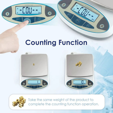 Ultra Accurate 0.01g Lab Digital Scale With 5000g Capacity showing counting function display and weighing small items