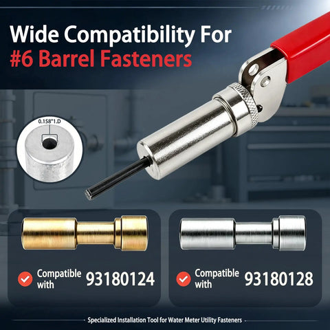 Heavy Duty Plunger Tool For #6 Barrel Fastener 0.158 Inch Inner Diameter Water Utility with red handle and metal parts.