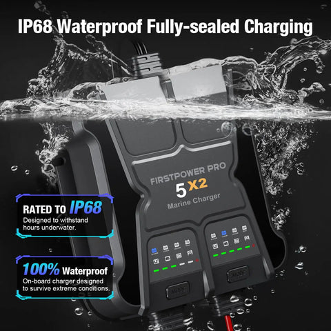 2 Bank Marine Battery Charger 5X2 10A Per Bank 12V Waterproof Onboard Battery Maintainer Desulfator For SLA AGM Lithium LiFePO4 Calcium And Deep Cycle Batteries With Around The Clock Charging Capability