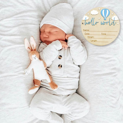 Newborn with 5.9 Inch Wooden Hello World Birth Announcement Sign With Pen And Stand, Blue Balloon And White Cloud Nursery Decor For Newborn Arrival.