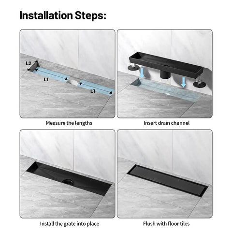 Installation steps for 12 Inch Black Linear Shower Drain Crafted From Premium 304 Stainless Steel with adjustable leveling feet.