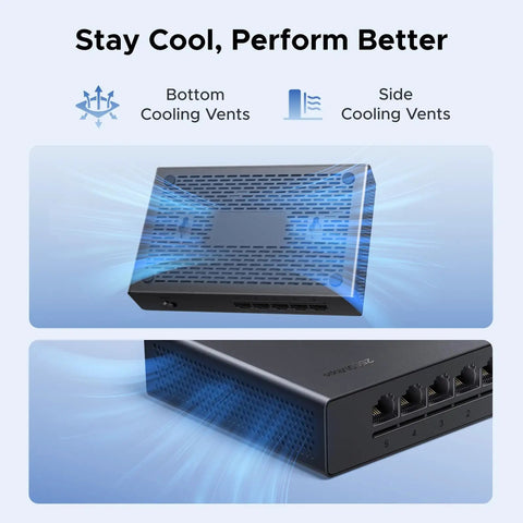 Five Port 2.5Gb Ethernet Switch With Five 2.5Gb Ports, cooling vents highlighted for fanless quiet operation.