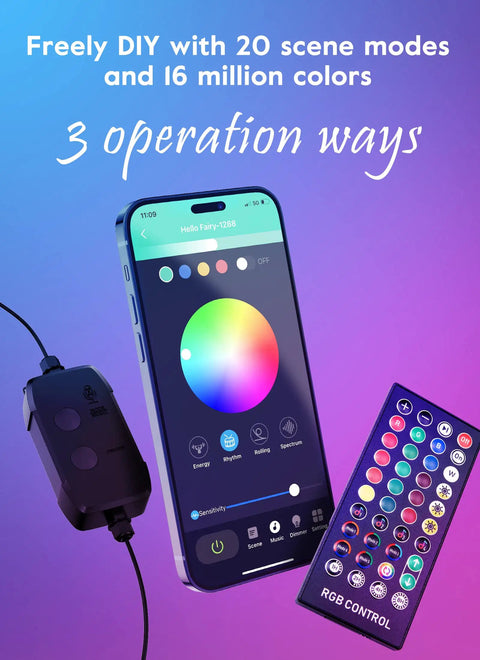 Smart RGB C9 LED Christmas Lights 66ft Music Sync With App Control interface showing color options on phone screen