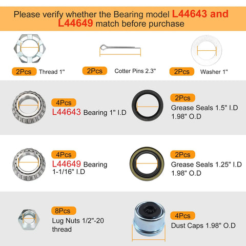 Heavy Duty 4 Lug Trailer Hub Kit For 2000 Lb Axles Fits 1 Inch And One Sixteenth Inch Straight Spindles parts details