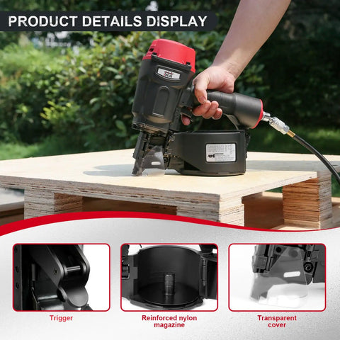 Pro Grade Pneumatic Coil Pallet Nailer Shooting 15 Degree Wire Collated Fasteners One Three Quarter To Two Three Quarter Inches shown on wood, featuring nylon magazine and trigger.