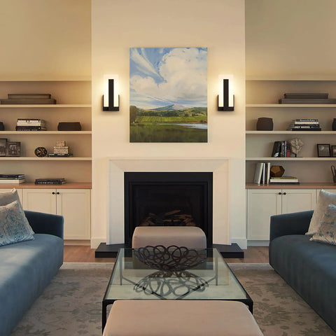 Top Shelf Modern Led Wall Sconces Set Of Two Up And Down Black Metal Fixture With 3000K Warm White Glow in stylish living room.