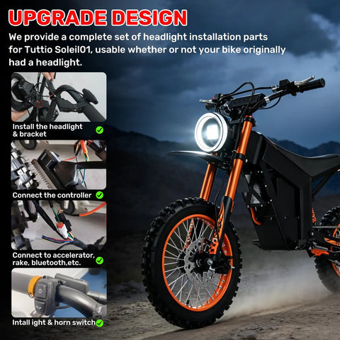 Upgraded Headlight Kit For Tuttio Soleil01 Electric Drit Bike With Plug N Play LED Front Lamp Waterproof shown installed