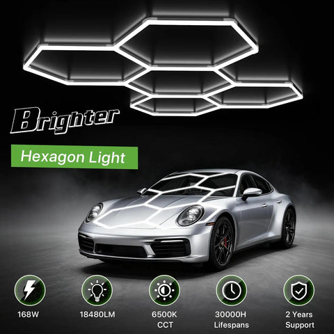 Hexagon LED Garage Light 168W 18480LM 5-Grid Honeycomb Lighting System 6500K Daylight installed, illuminating a car