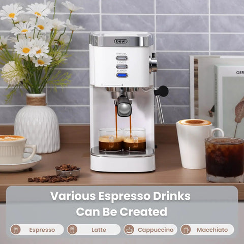 20 Bar Professional Espresso Machine With Milk Frother Steam Wand Compact Latte And Cappuccino Maker Adjustable Shot Volume White Finish Perfect Gift For Coffee Lovers on kitchen counter