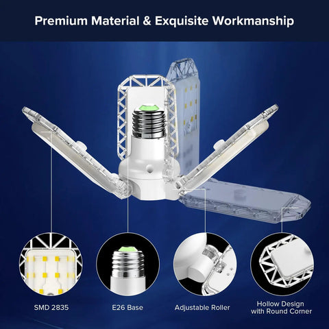 Three-Panel Deformable LED Garage Light With 3300 Lumens Of 5000K Daylight, 30W Power, E26 Screw-In Adjustable Shop Light design
