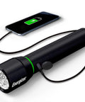 Vision HD Rechargeable LED Flashlight With Digital Focus, Water Resistant Emergency Light and USB cable connected to a phone