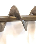 Close-up of Heavy Duty Dirt Hole Trapper Auger 2 Inch By 18 Inch American Made Drill Auger, steel blades visible, white background.
