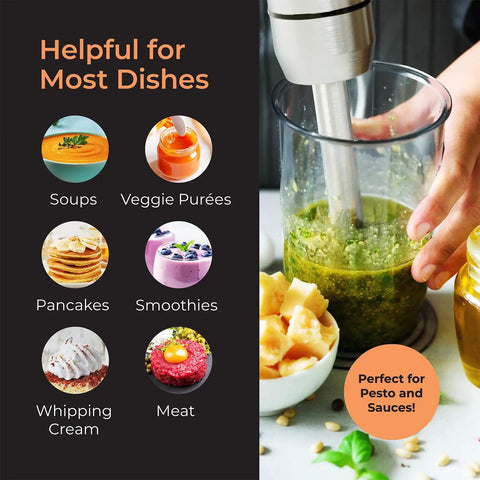 Ultra Power Immersion Hand Blender With 500W Motor And 8 Speed Turbo For Fast Blends Includes Blending Shaft Whisk Milk Frother And Measuring Beaker No Fuss Cleanup Perfect For Smoothies Soups And Beating Eggs blending pesto in a beaker