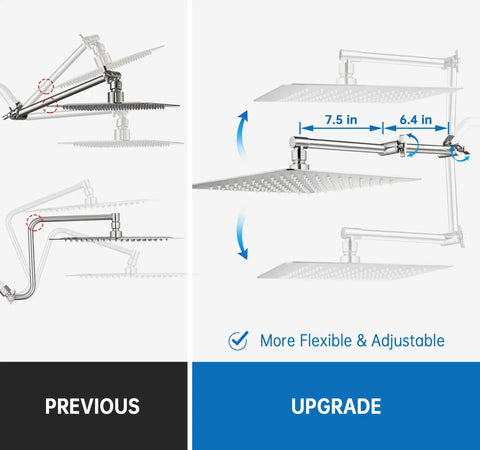 Diagram showing adjustable arm for 12 Inch Rainfall Shower Head With Handheld Spray Combo In Brushed Nickel, All Metal Build