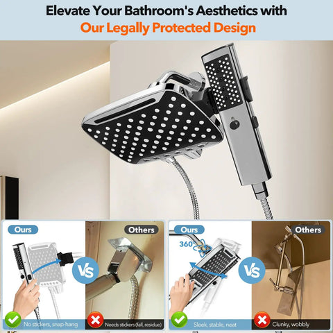 Boss High Pressure Handheld Shower Head With 7 Settings And Power Wash Mode, chrome kit, 71-inch hose, in bathroom setting.