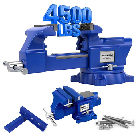 Heavy Duty 6 Inch Bench Vise With Jaw Pads And Anvil For Woodworking Drilling And Pipe Cutting 360 Degree Swivel Locking Base 4500 Lbs Clamping Force Beast Mode Strength