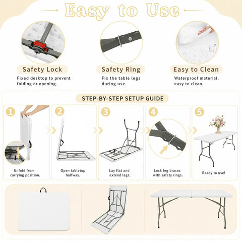 Setup guide for Six Foot Folding Table For Indoor And Outdoor Use, Lightweight Portable Rectangular White Plastic Dining Table With Steel Legs, Fold In Half With Carrying Handle, Ideal For Picnic, Camping, Parties, Weddings And Events.