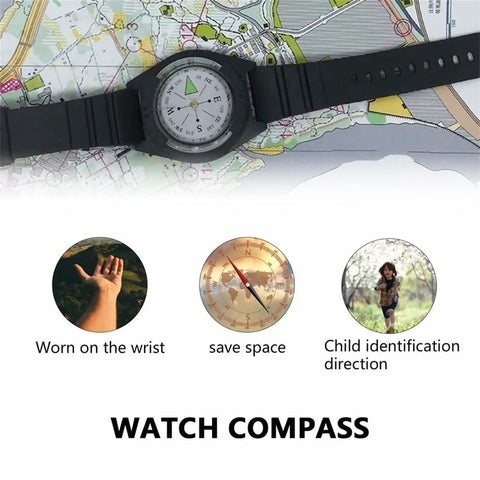 Tactical Wrist Compass For Outdoor Adventure, Hiking And Camping with black band on map, bushcraft essential navigation tool