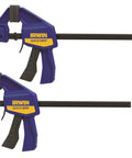Six Inch Mini Bar Clamp Two Pack With One Hand Quick Release Trigger, durable plastic handle, ideal for woodworking projects.