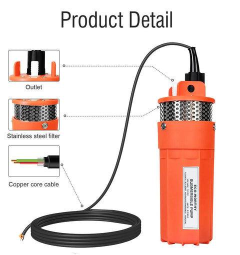 12V DC Submersible Well Water Pump With 10ft Cable, 1.6 GPM Flow, detailed parts including stainless steel filter