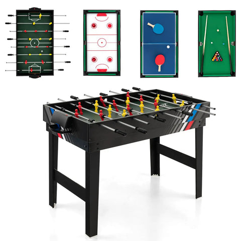 49 Inch 4 In 1 Combo Game Table Featuring Fast Swap Foosball Slide Hockey Ping Pong And Pool Tops Built For Adult Game Rooms with accessories.