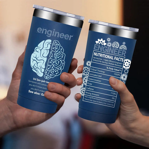 Hands holding a 20oz Vacuum Insulated Tumbler For Engineers Mechanical Civil And Aerospace Pros Graduation Gift Or Retirement Present.