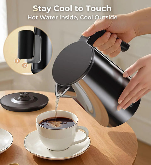 Fast Boil Electric Kettle 1.0L 1200W With 7 Temperature Settings pouring hot water into a cup on a wooden table