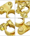 Brass Battery Terminal Connector Clamps Kit For Top Post Terminals Marine Car Boat RV Battery Protectors Durable Conductive Terminals With Nuts And Screws For Easy Hassle Free Installation in close-up view showing details of gold brass construction, screws, and nuts.