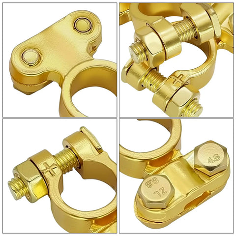 Brass Battery Terminal Connector Clamps Kit For Top Post Terminals Marine Car Boat RV Battery Protectors Durable Conductive Terminals With Nuts And Screws For Easy Hassle Free Installation in close-up view showing details of gold brass construction, screws, and nuts.