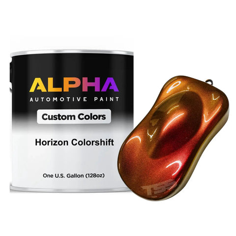 Pro Grade Colorshift Paint Basecoat Midcoat Gallon Ready To Spray For Custom Automotive Rides And Street Rod Builds With Medium Reducer For A Slick Shine with paint can and color sample.