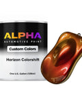Pro Grade Colorshift Paint Basecoat Midcoat Gallon Ready To Spray For Custom Automotive Rides And Street Rod Builds With Medium Reducer For A Slick Shine next to a metallic color chip.
