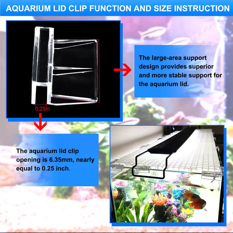 Crystal Clear Six Pack Aquarium Lid Clips Fit Rimless Fish Tanks Securing Glass Covers And Hood Supports Perfect For 5 To 6Mm Thicknesses showing size and support features.