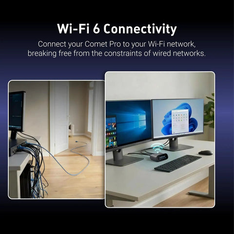 Comet Pro Remote KVM Over WiFi Dual Band WiFi 6 Desktop KVM setup on desk with dual monitors and wireless connectivity.
