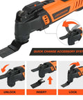 Jorgensen oscillating multitool with orange/black housing and attached blade; quick-change accessory system visible