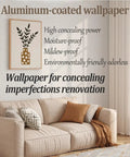 Aluminum-coated wallpaper in living room setting with beige couch, featuring high concealing power, moisture-proof design.