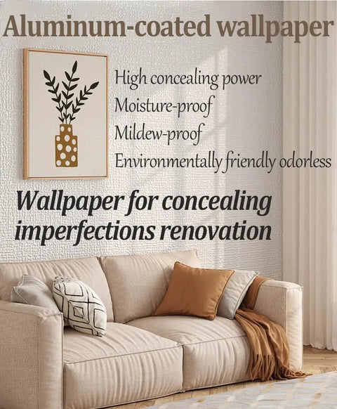 Aluminum-coated wallpaper in living room setting with beige couch, featuring high concealing power, moisture-proof design.
