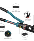Beefy 12-Ton Hydraulic Crimping Tool For Battery Cables, Wire Terminal Crimper 16-300mm2 6 AWG To 8/0 AWG, With 11 Dies, 16mm Stroke, 180 Degree Swivel Head, Heavy-Duty Electrician Favorite Blue, shown with anti-slip handle and dies