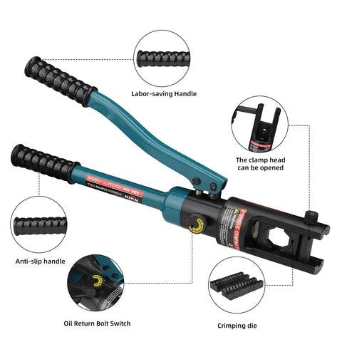 Beefy 12-Ton Hydraulic Crimping Tool For Battery Cables, Wire Terminal Crimper 16-300mm2 6 AWG To 8/0 AWG, With 11 Dies, 16mm Stroke, 180 Degree Swivel Head, Heavy-Duty Electrician Favorite Blue, shown with anti-slip handle and dies