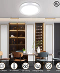 Five Pack LED Flush Mount Ceiling Lights 24W 11.81 Inch Round Surface Mounted Down Lights 5000K Cool White in a modern dining room.