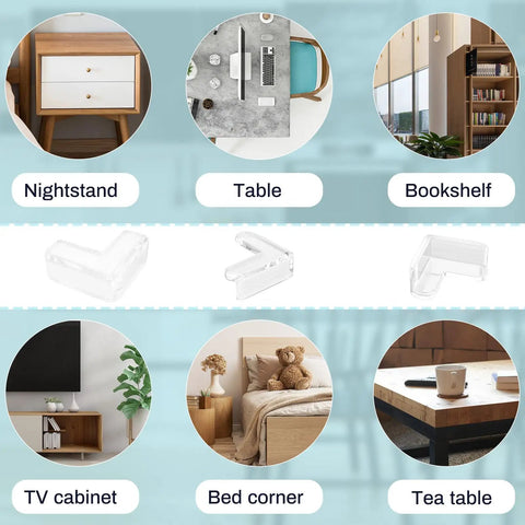 Premium Clear Silicone Corner Protectors And Table Edge Guards For Kiddos And Heavy Duty Furniture Bumpers on nightstand and table.