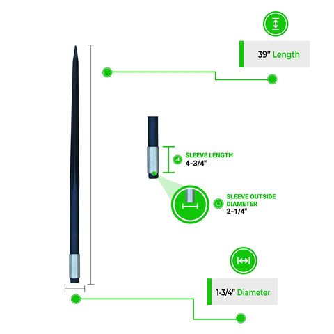 39 Inch Hay Bale Spear With 3000 Lb Capacity Heavy Duty Square Forged Bale Spike Weld In Sleeve One And Three Quarters Inch Conus Mount Tapered Tip Hex Nut For Easy Penetration And Quick Bale Handling