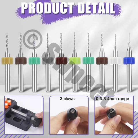 Assorted drill bits and details of 47 Piece Hand Drill Bit Set With Mini Bench Vise Clamp And Pin Vise, Twist Drills Kit, Precision Bits.