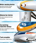 Pro RC Boat For Adults With 2.4G Pro Control, LED Lights, showing water sensor, balance bar, drag reduction, twin propeller